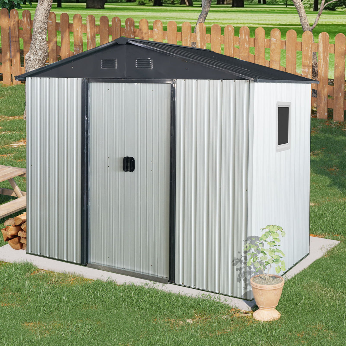Outdoor Metal Storage Shed Garden Building with Window and Foundation 8x4ft