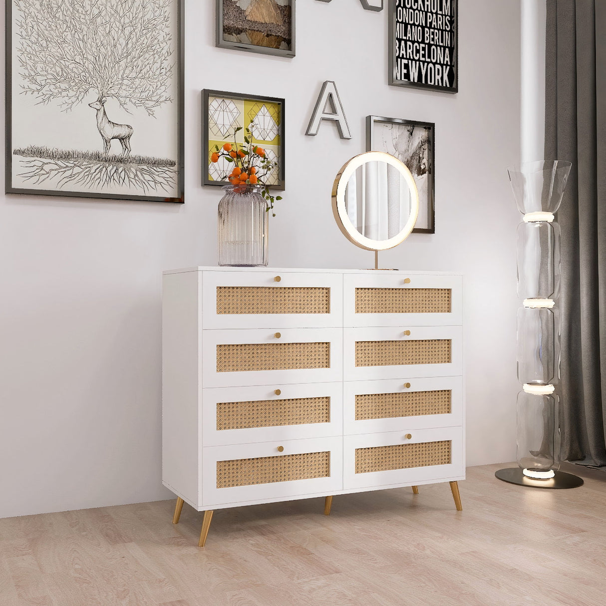 8 Drawers Chest Of Drawers With Rattan Drawer Face Golden Legs And Handles - White