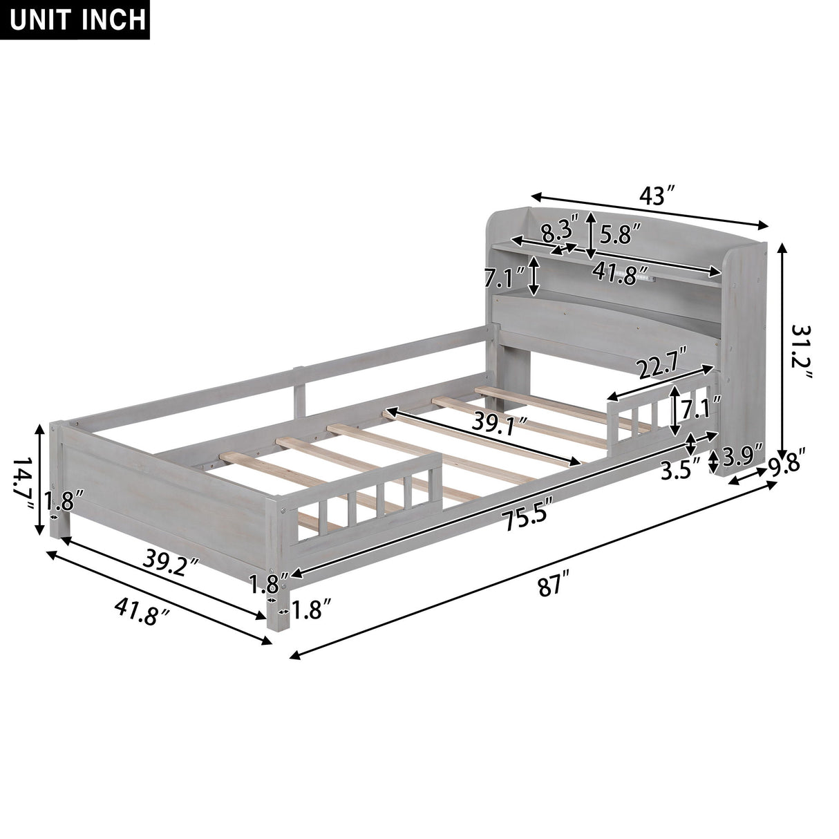 Wood Platform Bed With Built In LED Light, Storage Headboard And Guardrail