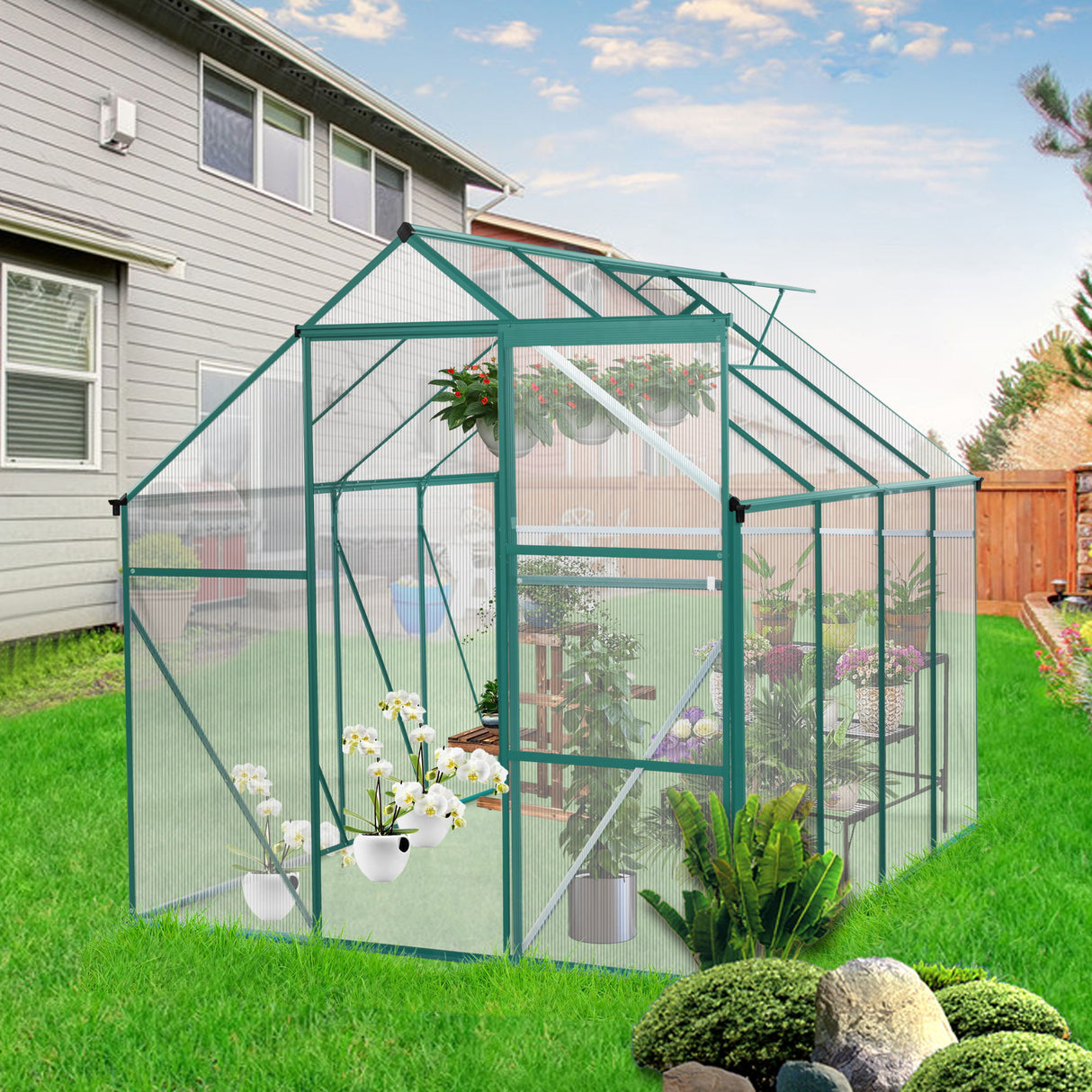 Polycarbonate house Raised Base And Anchor Aluminum Heavy Duty Walk-In houses For Outdoor Backyard In All Season