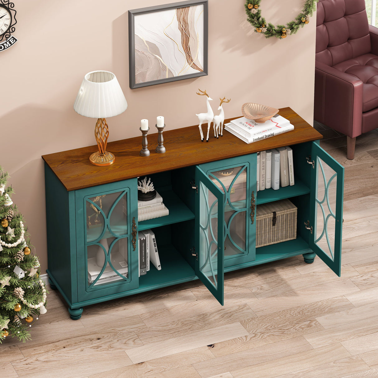4 Door Sideboard Cabinet with Tempered Glass Doors and Wood 59x32in