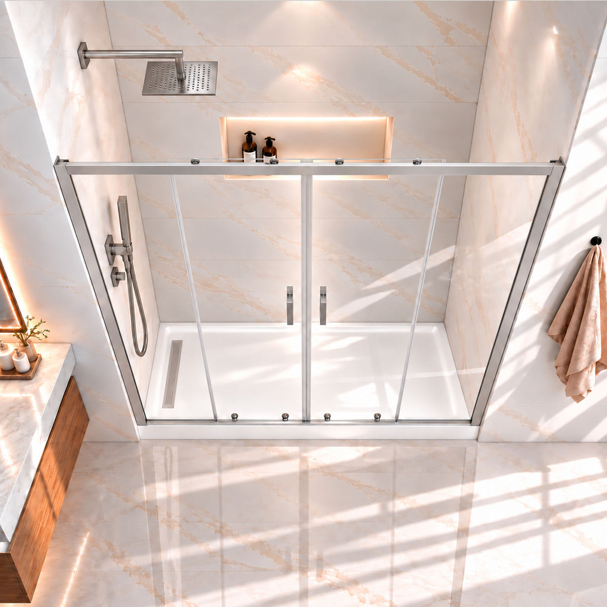 Framed Double Sliding Shower Door With Dual Handles