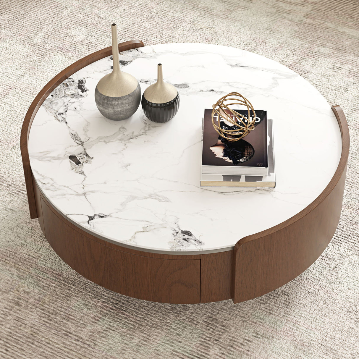 Round Coffee Table With Ball Feet, Dual Storage Drawers For Living Room - Walnut Brown
