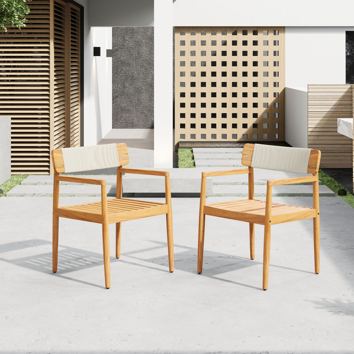 Creative Braided Acacia Wood Outdoor Dining Table And Chairs With Armrests (Set of 2) - Teak / White