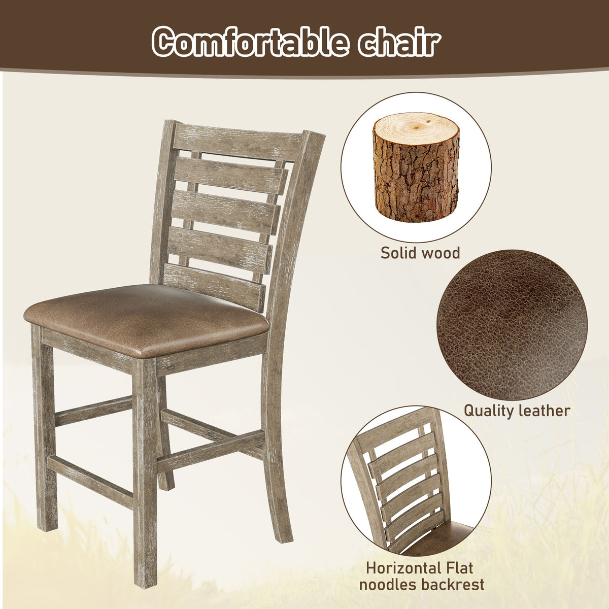 Dining Counter Height Chairs Modern Farmhouse Rustic Look Distressed Design Ladderback Solid Wood (Set of 2) - Grayish Brown