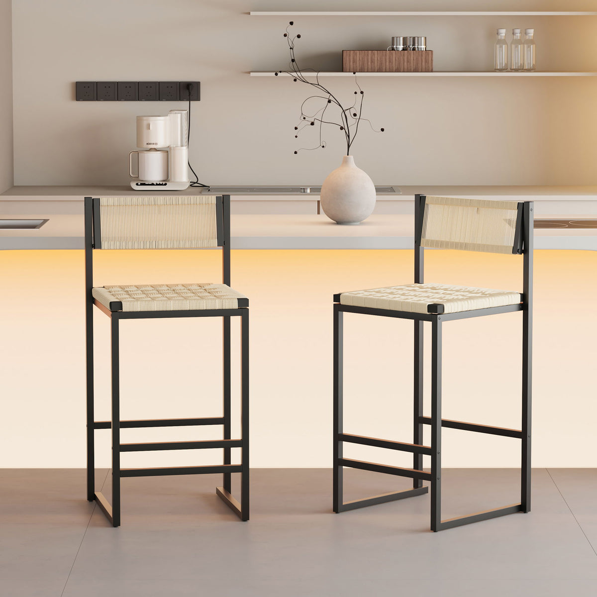 Style B, Woven Bar Stools With Backrest, Paper Rope Weave Dining Chairs For Kitchen Island - Creamy White