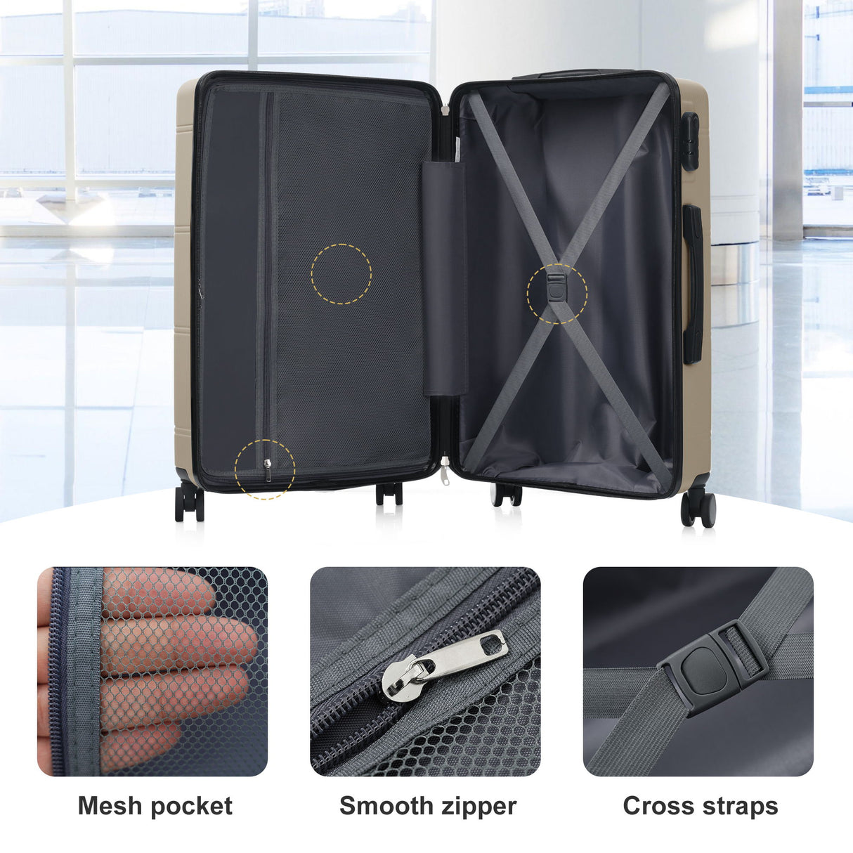 6 Piece Lightweight Hardshell Luggage Set With Double Spinner Wheels, Password Lock