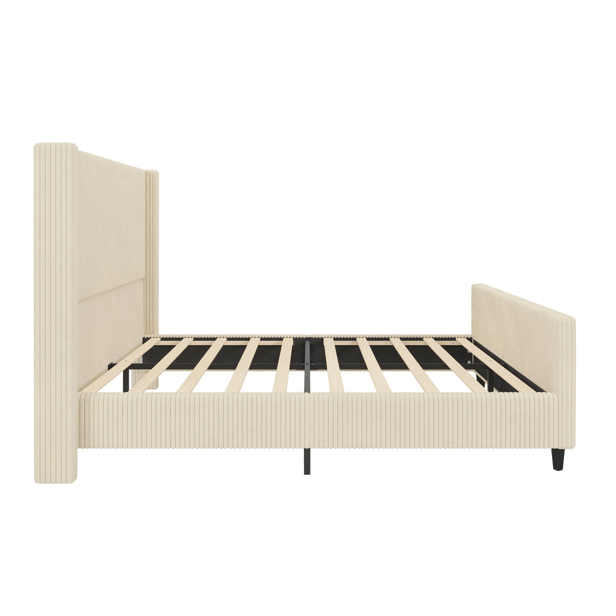 Upholstered Bed Frame With Vertical Stripe Wingback And High Footboard