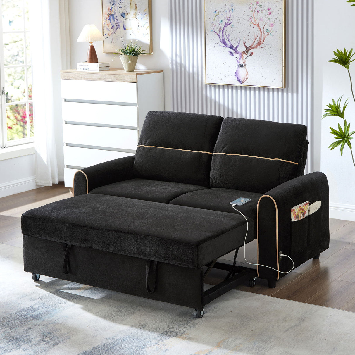 Pull Out Sofa Bed With Adjustable 3 Position Backrest, USB Charging Ports, Side Pockets