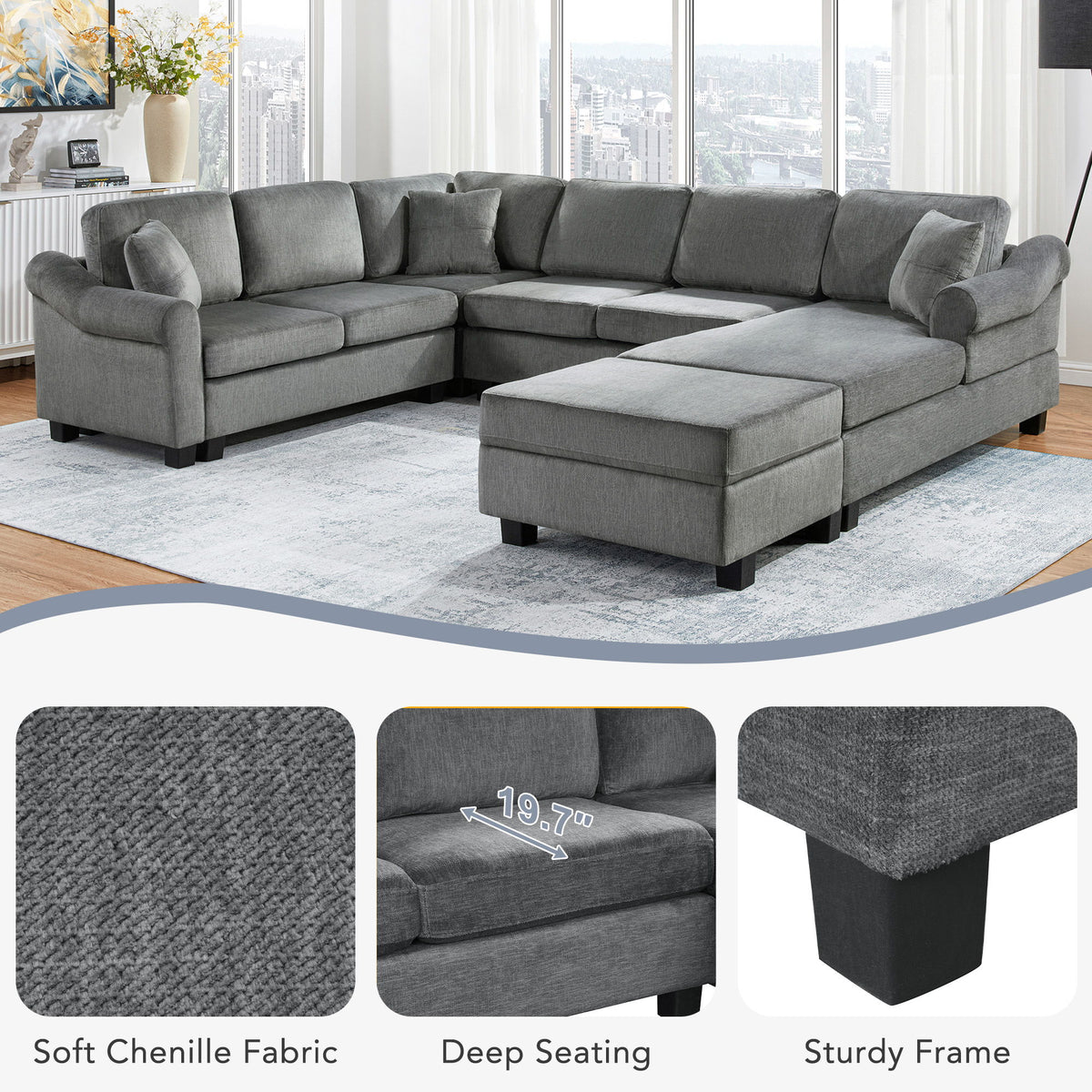 Contemporary U - Shaped Sectional Sofa With Movable Storage Ottoman