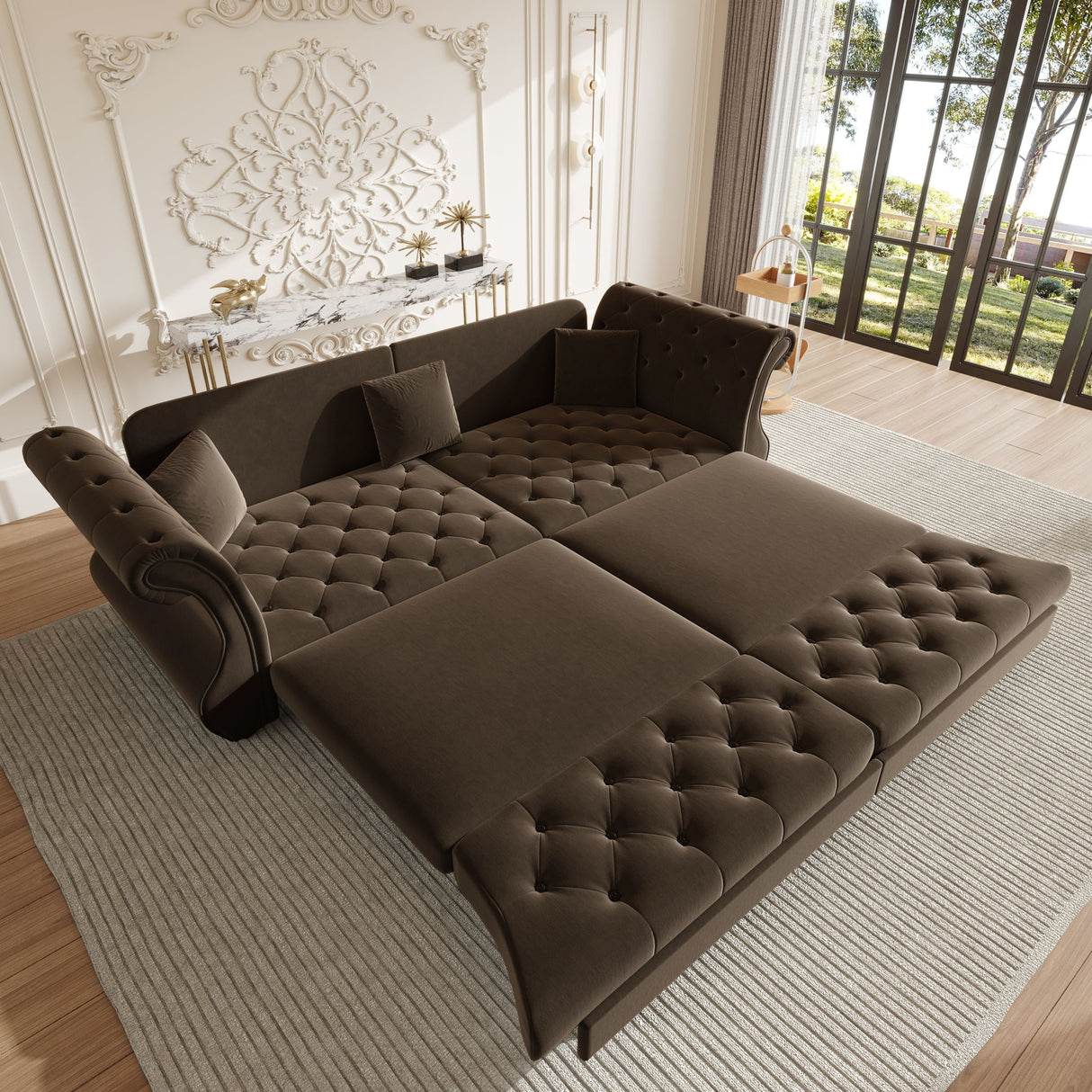 Oversized Chesterfield Pull Out Sofa Bed, Roll Arm Couch With Flower Tufting For Living Room