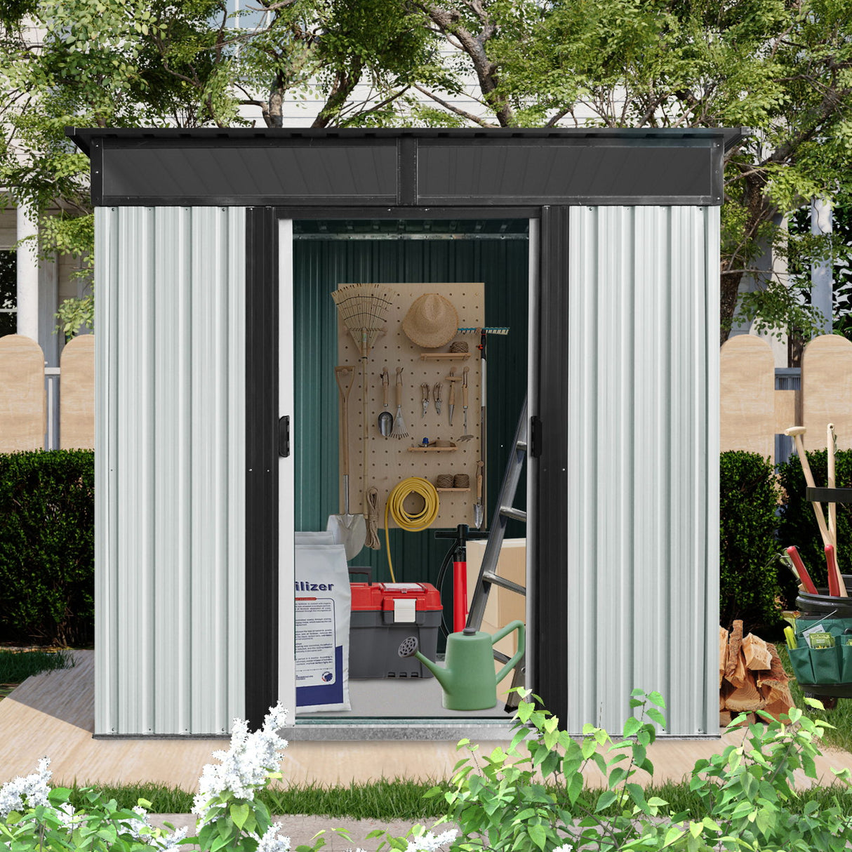 Outdoor Metal Storage Shed Garden Building with Window in Galvanized Steel