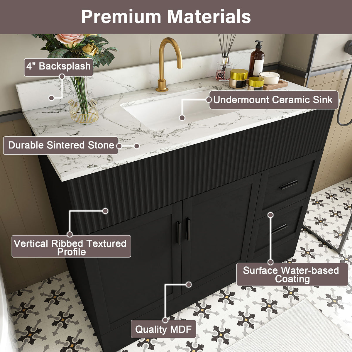 Bathroom Vanity Set, Fluted Cabinet, Soft Close Doors With Drawers, Single Faucet Hole, Sink Included - Black