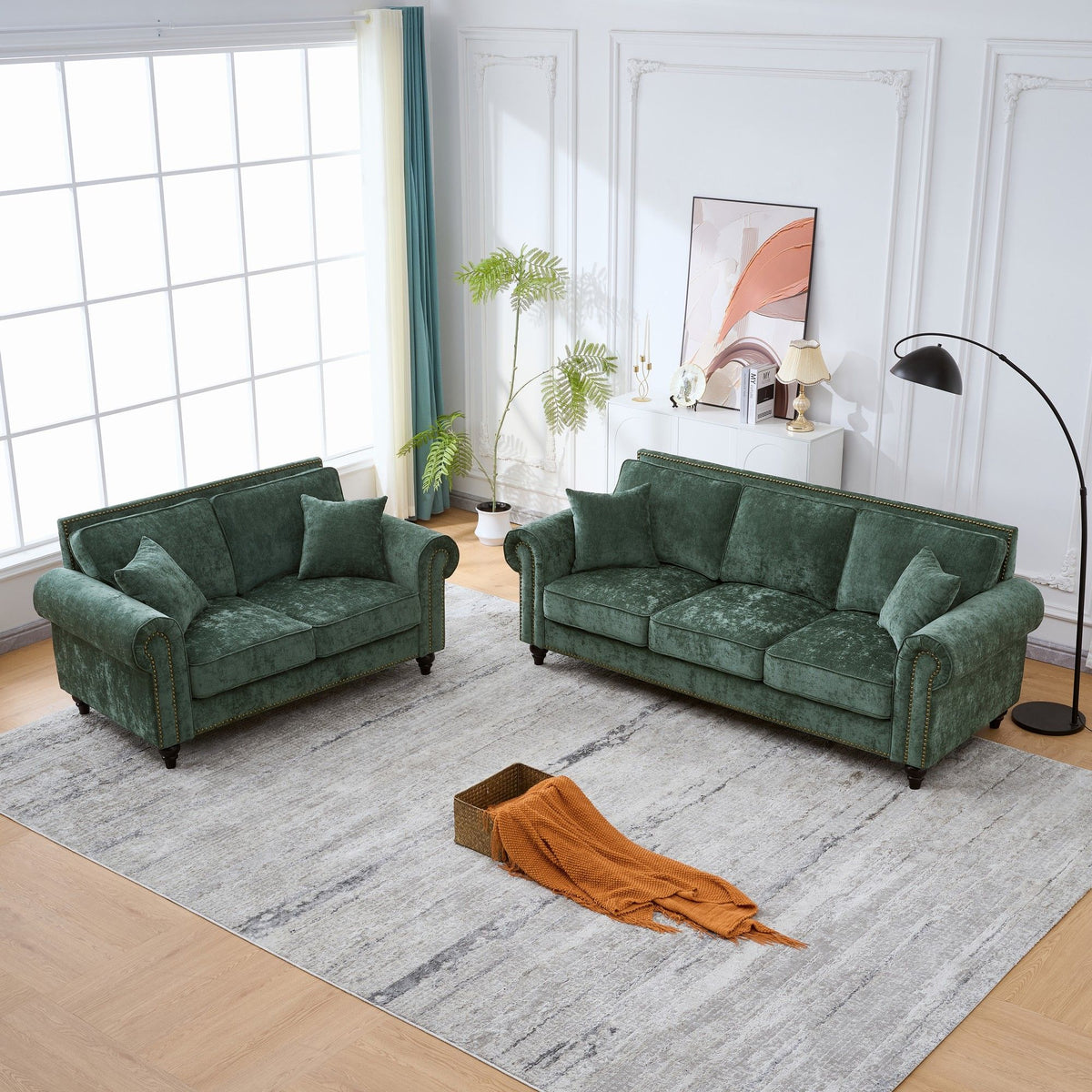 Modern 3 And 2 Seater Sofa With Rolled Arms, Tufted Upholstered Couch