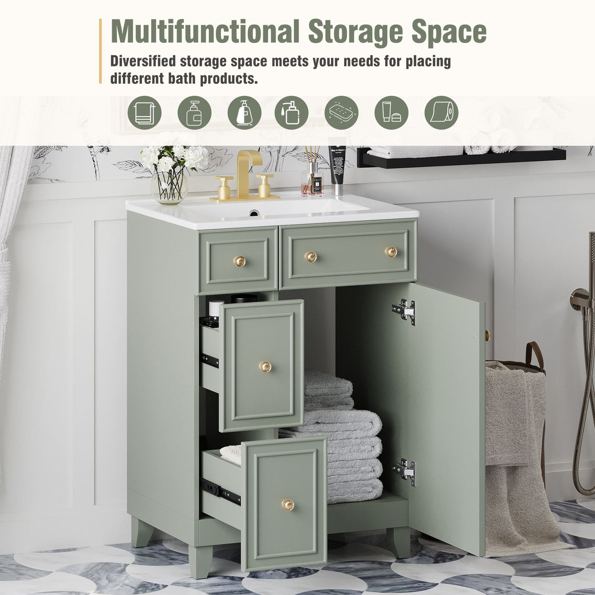 Transitional Style Bathroom Vanity Cabinet With Ceramic Sink