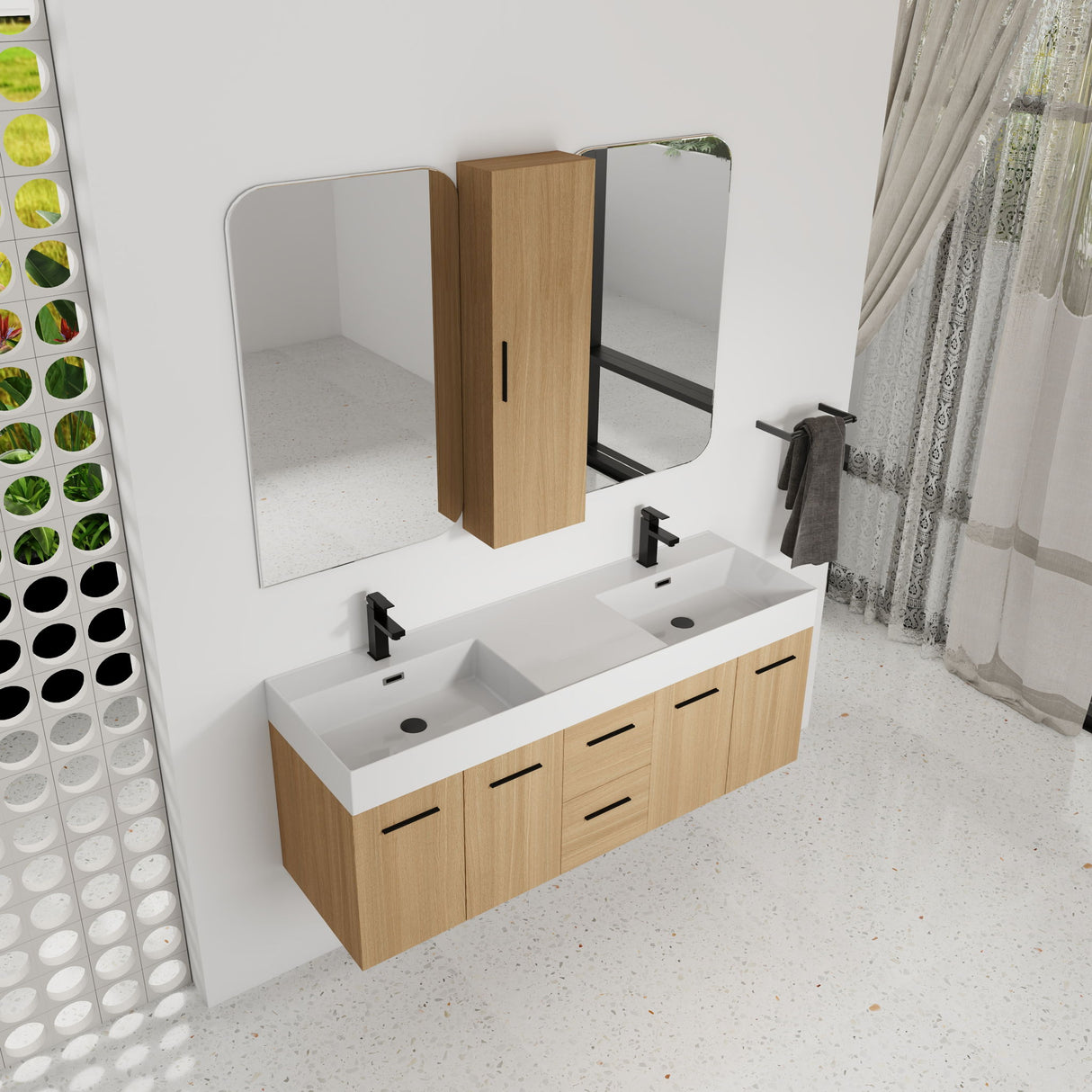 Floating Double Sink Bathroom Vanity Set With Tall Linen Cabinet, Drawers And Doors, Extra Large Storage, Integrated Sink, Soft Close Hardware - Glossy White / Light Oak