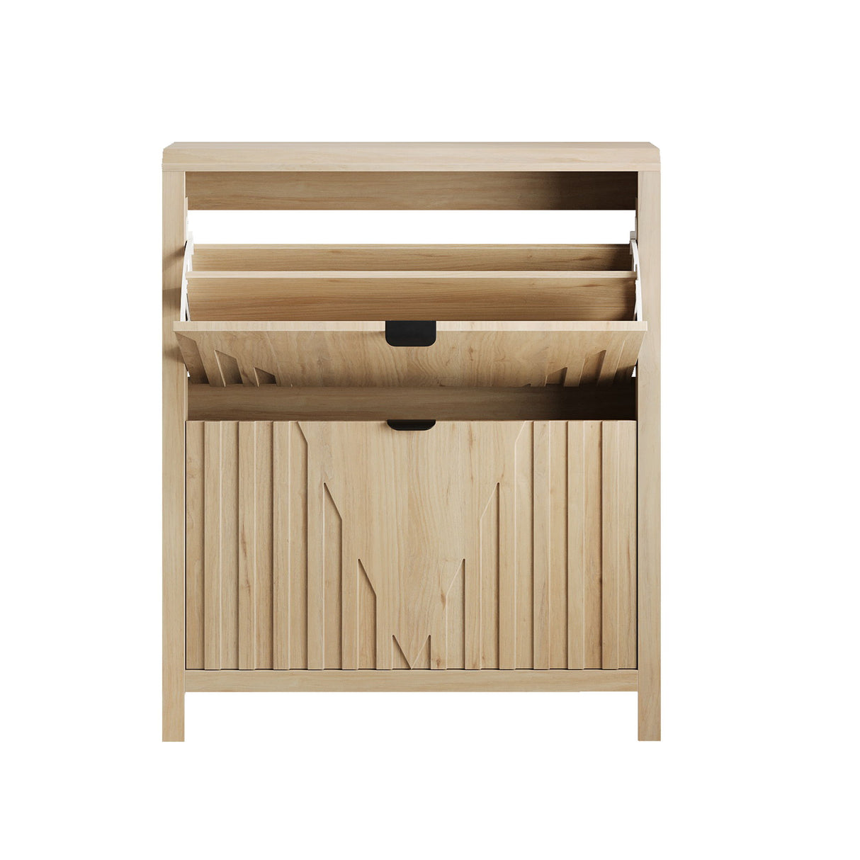 Entryway Shoe Cabinet With Vertical Carved Panels - Oak