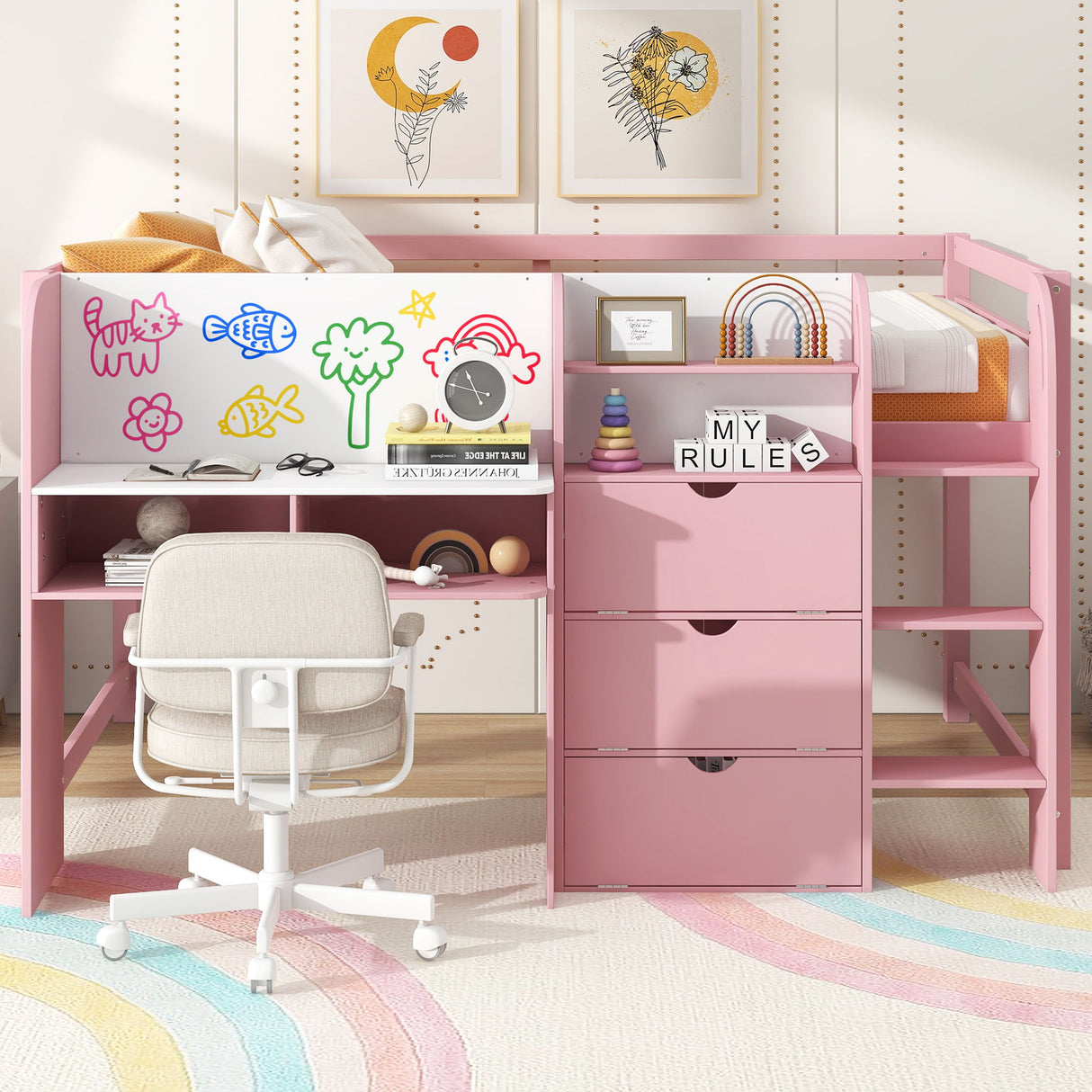 Low Loft Bed With Built In Desk, Storage Cabinets, Open Bookcase And Doodle board