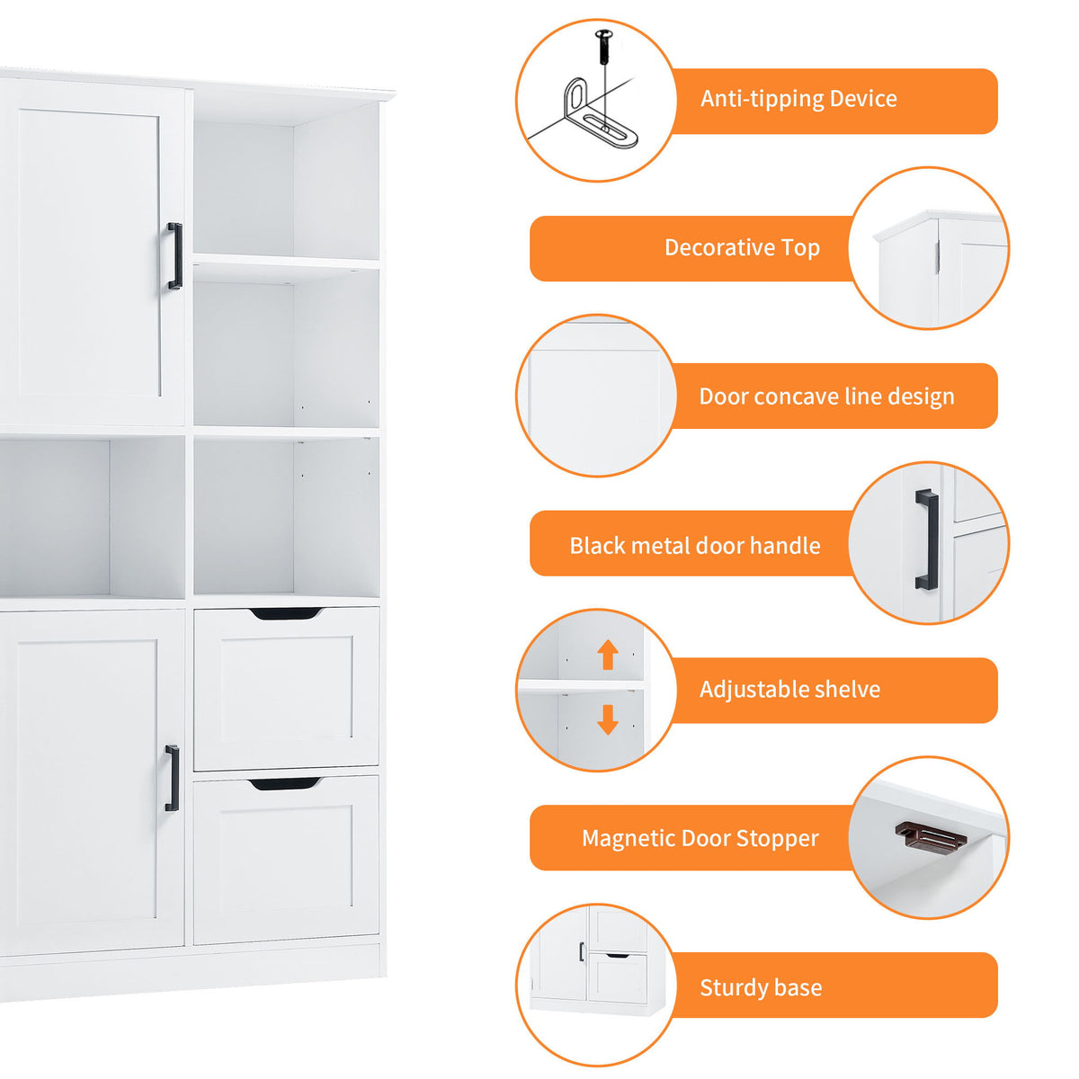 Freestanding Bathroom Storage Cabinet With Doors And Drawers, Adjustable Shelf, Open Shelves - White