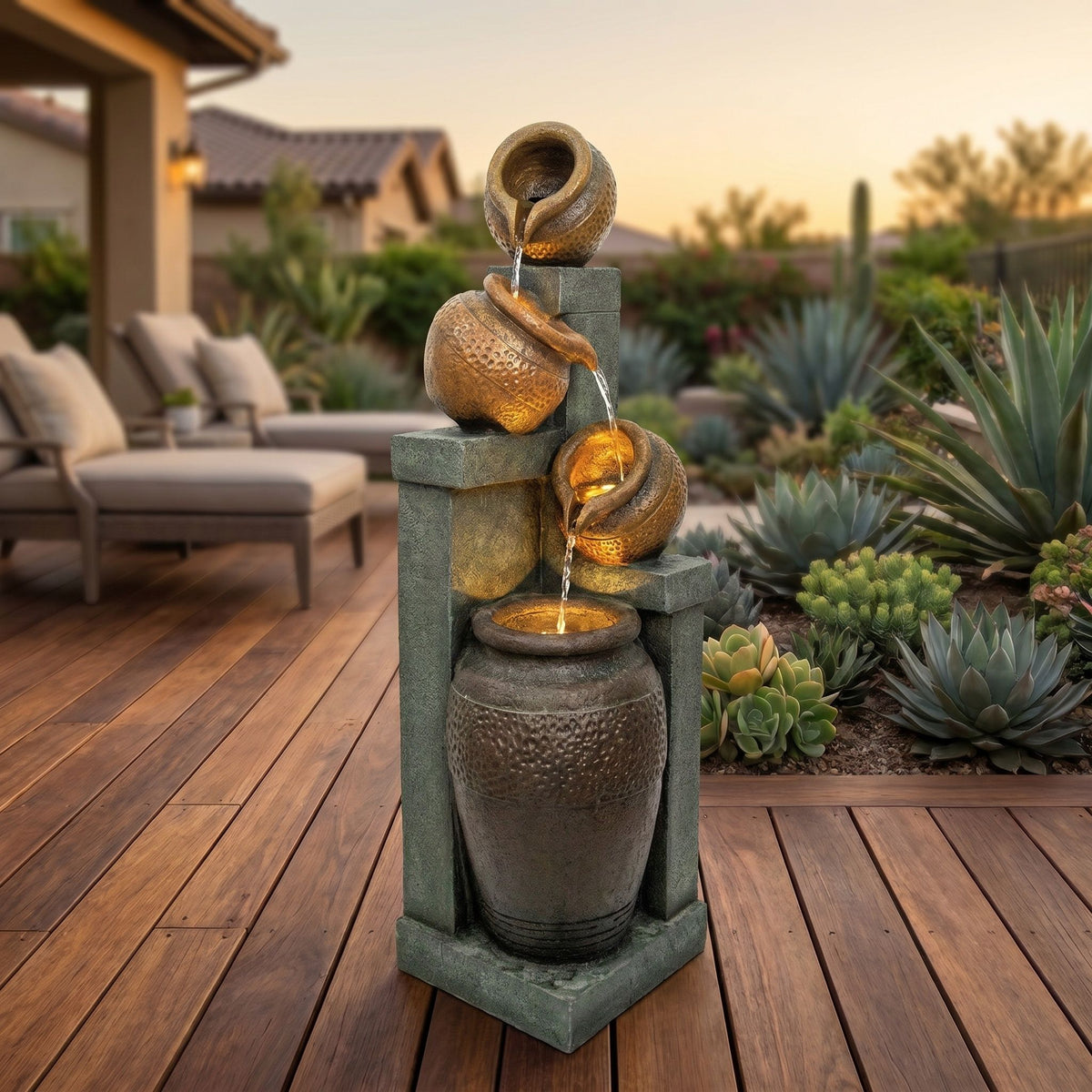 4 Tier Outdoor Water Fountain With Warm LED Lights For Patio - Brown / Tan