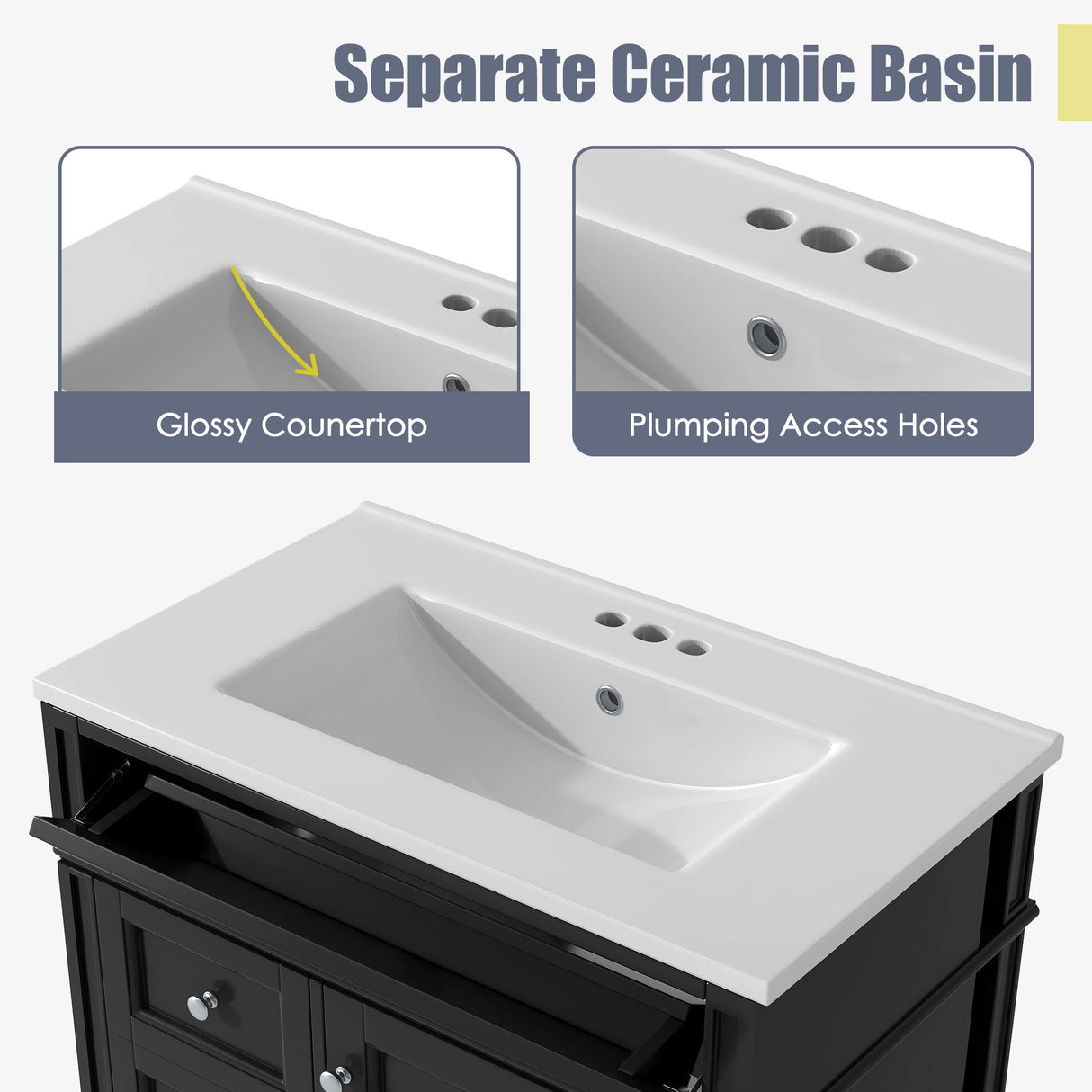 Bathroom Vanity With Top Sink, 3 Drawer Storage Cabinet, Rectangular Design - Black