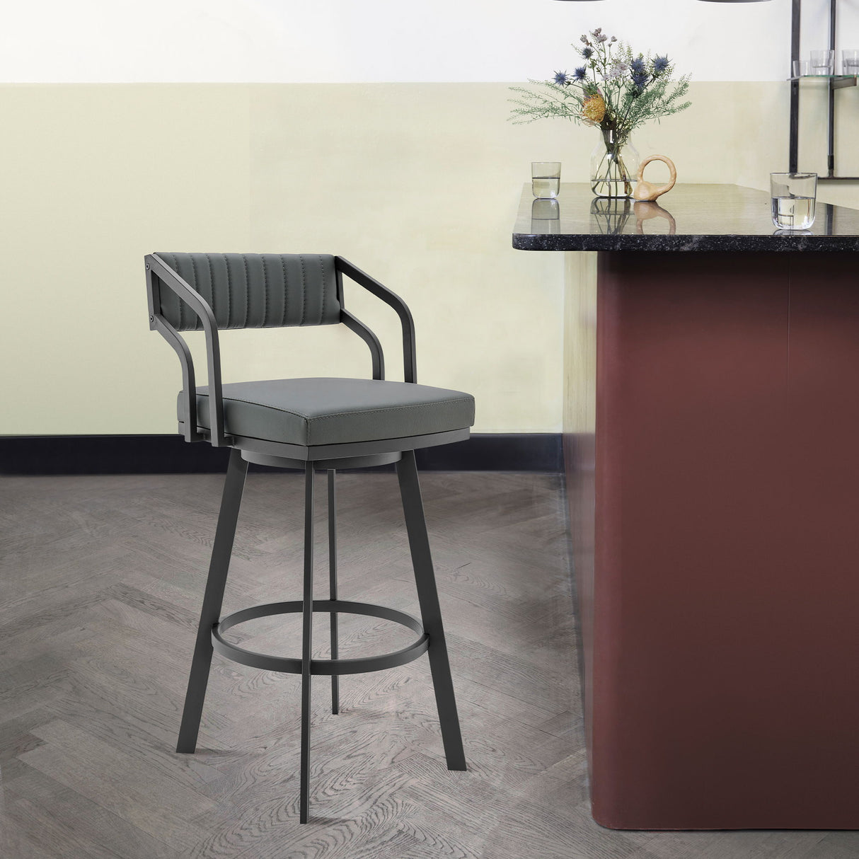 Capri - 26" Swivel Modern Black Metal And Slate Gray Faux Leather Barstool