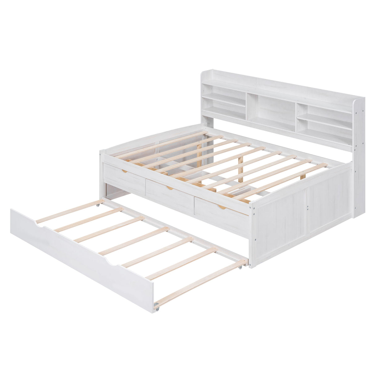Captain Bed With Built In Bookshelves, 3 Storage Drawers, And Trundle