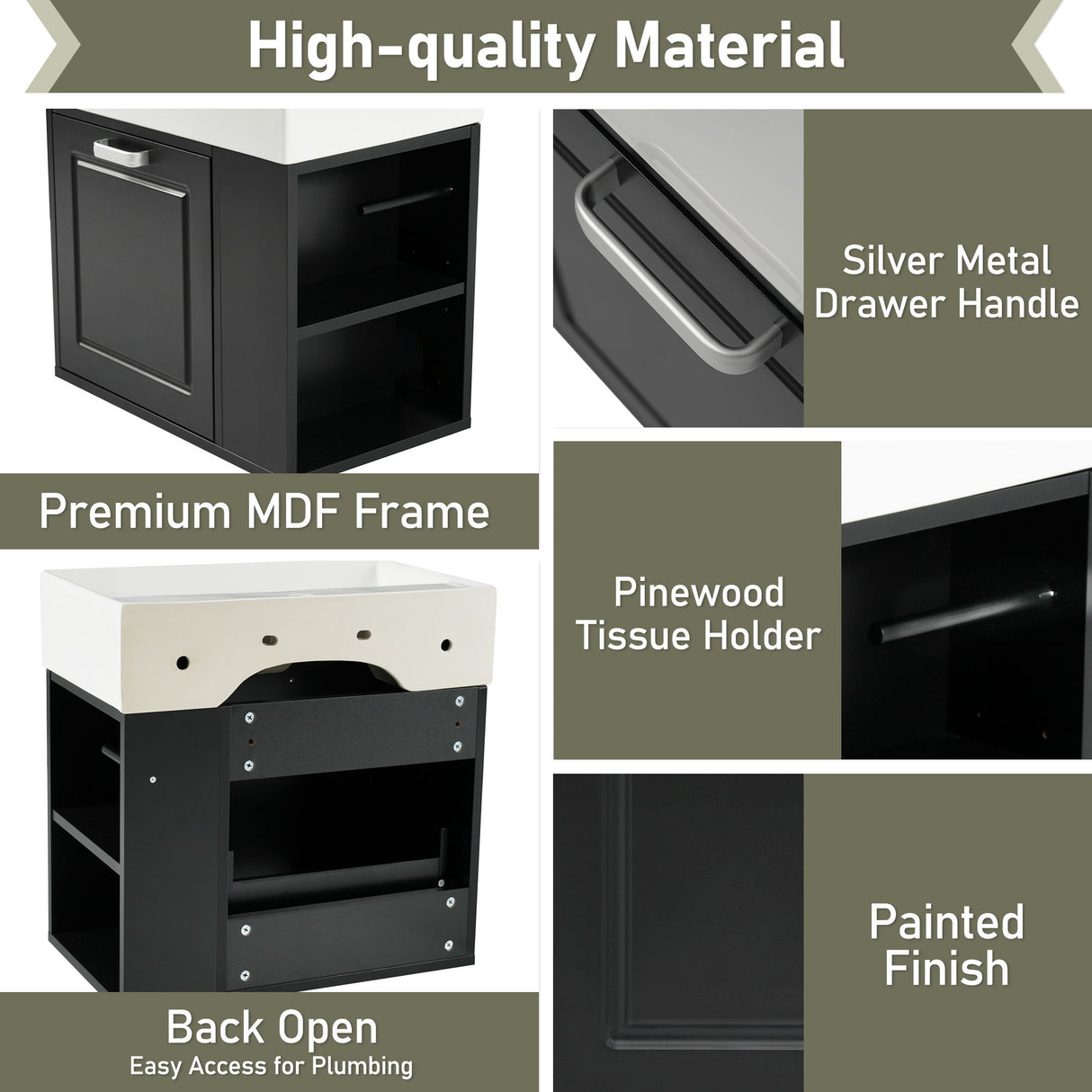 Modern Wall Mounted Bathroom Vanity With Sink, Soft Close Drawer, Adjustable Shelf, Toilet Paper Holder