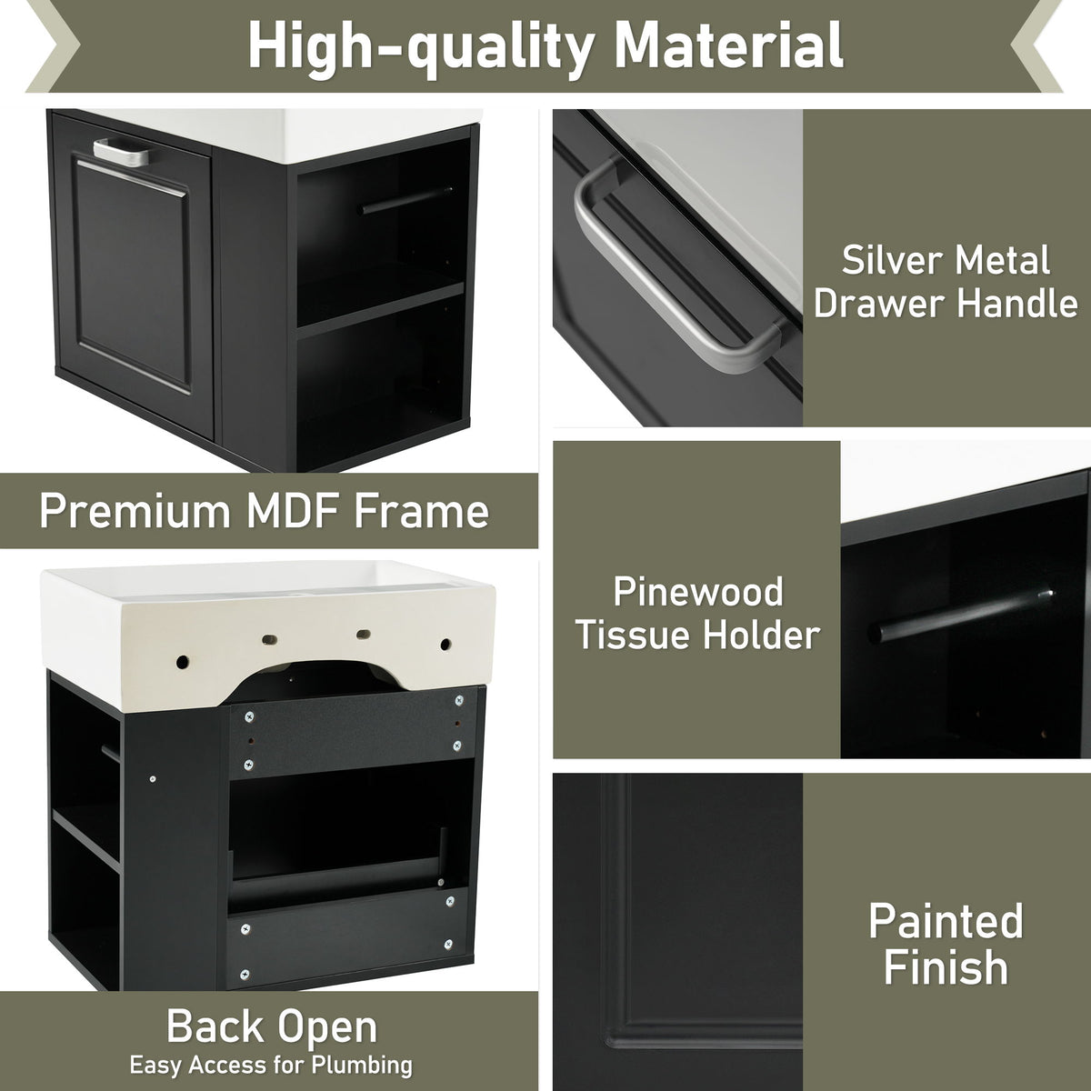Modern Wall Mounted Bathroom Vanity With Sink, Soft Close Drawer, Adjustable Shelf, Toilet Paper Holder