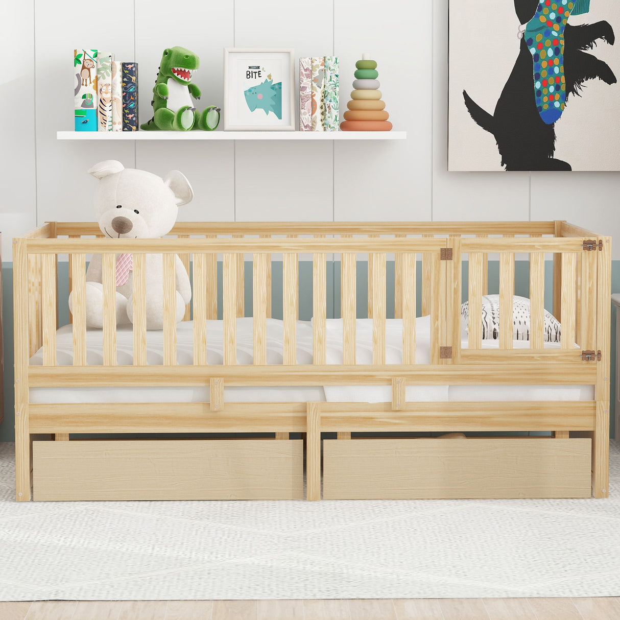 Daybed With Fence Guardrails And 2 Drawers, Split Into Independent Floor Bed & Daybed