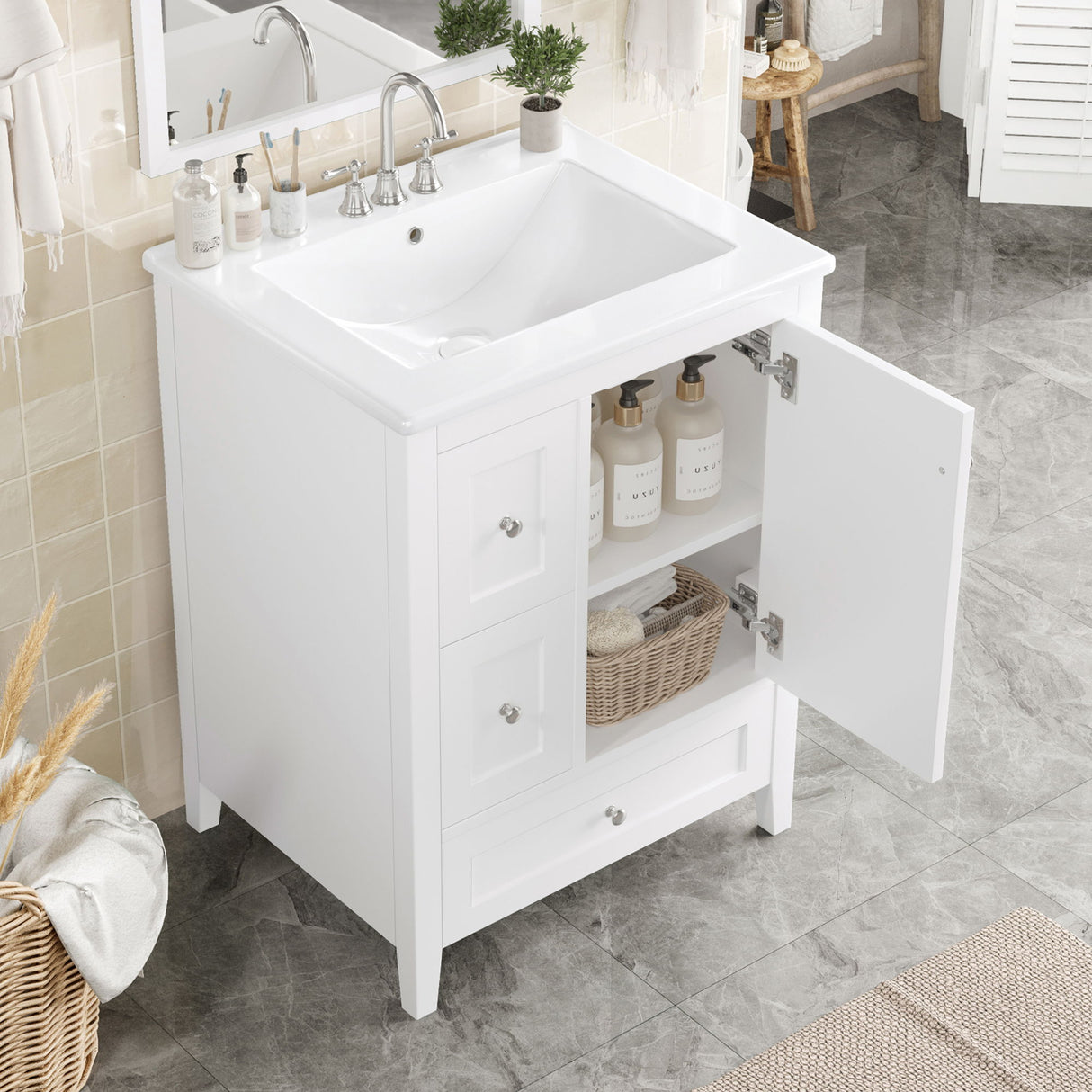 Bathroom Vanity With Storage, Adjustable Shelf, & Rubberwood, Removable Dividers - Glossy White