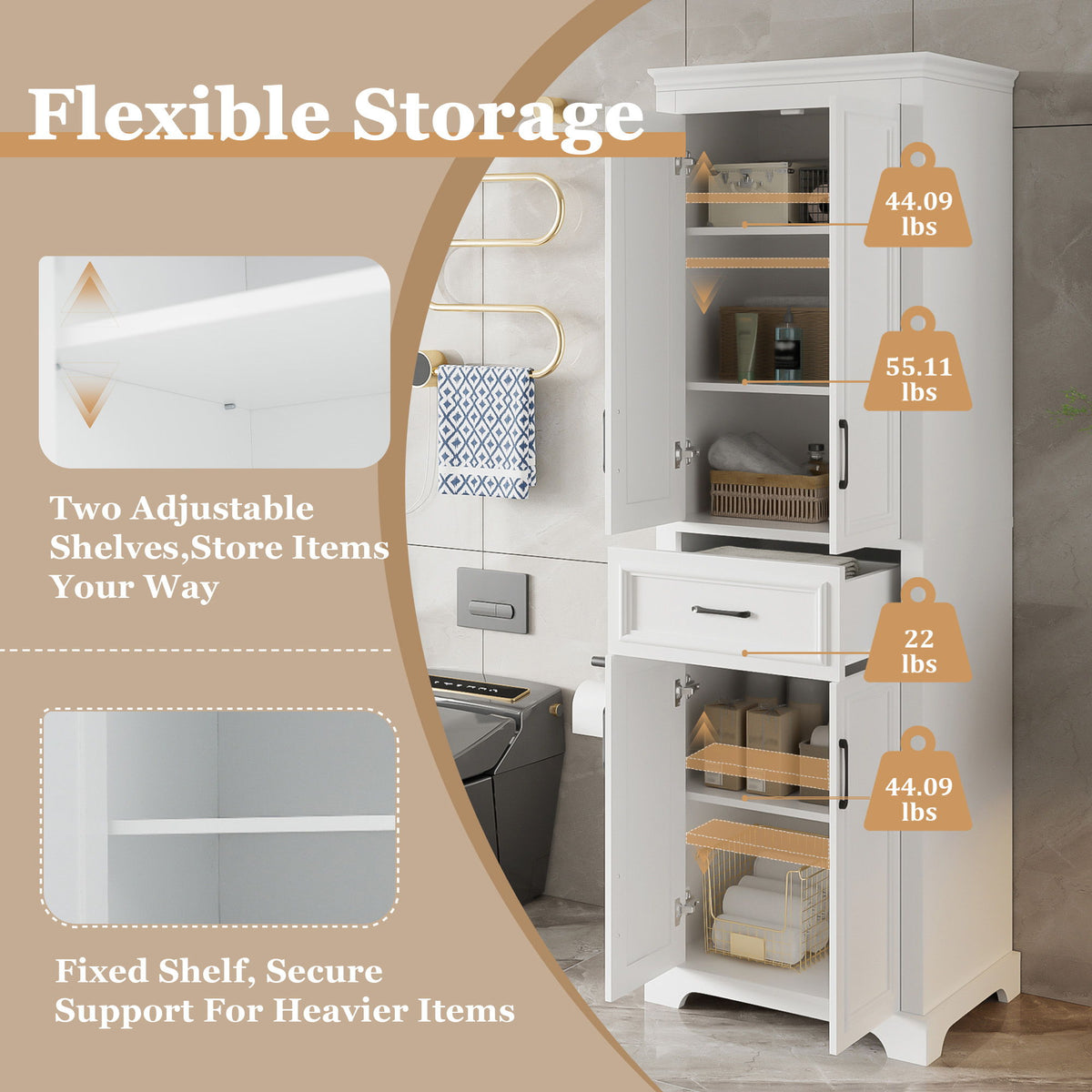 Freestanding Bathroom Vanity, Elegant Design With 4 Doors & 1 Drawer, Adjustable Shelves, Damping Hinges - White