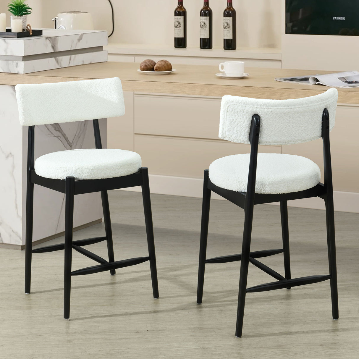 Mid Century Modern Counter Stools, Fabric Upholstered Chairs