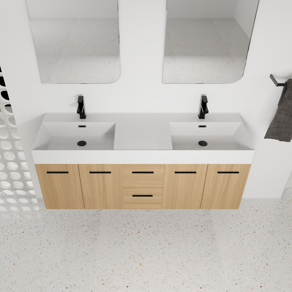 Floating Double Sink Bathroom Vanity With Drawers And Doors, Extra Large Storage, Integrated Sink, Soft Close Hardware - Glossy White / Light Oak