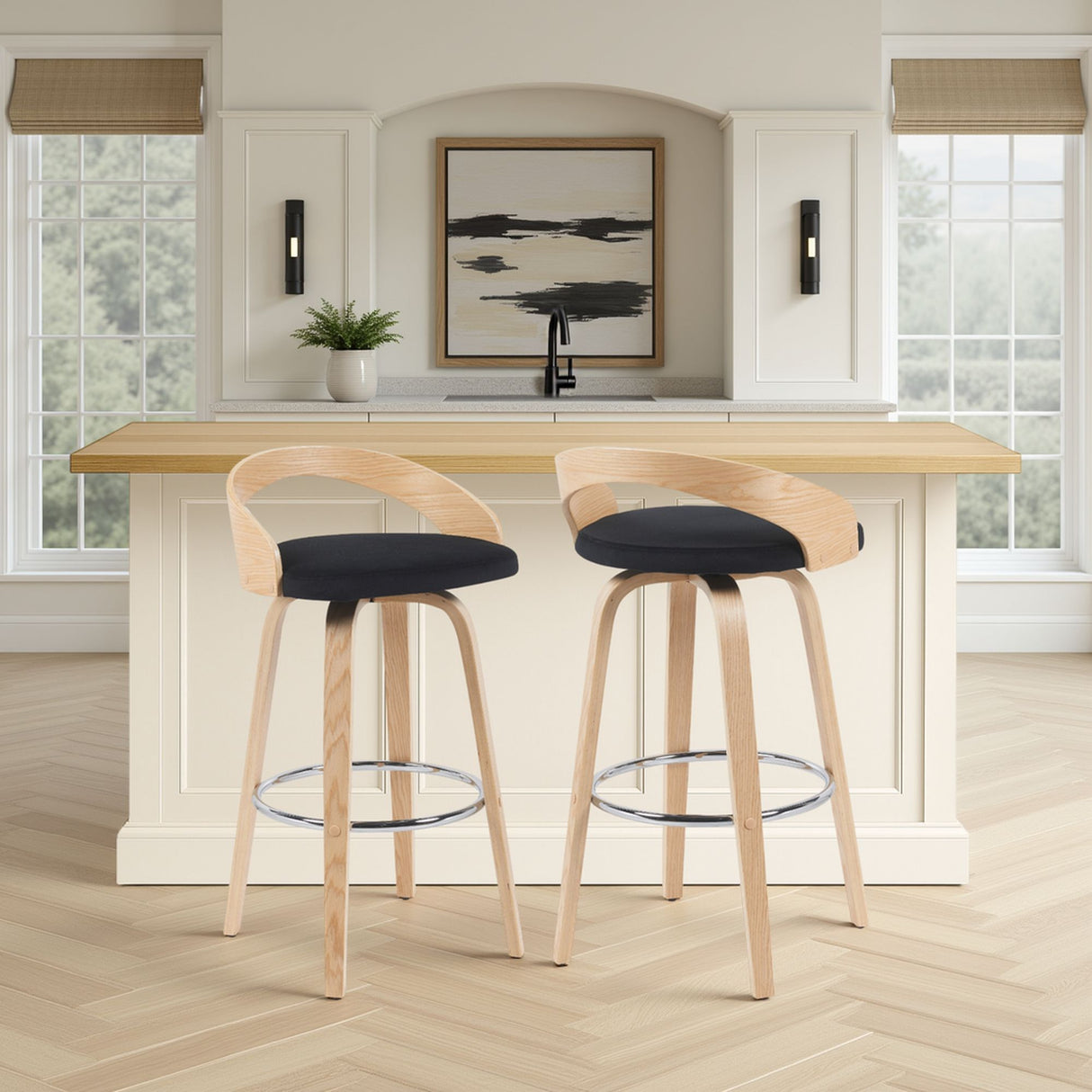 Sonia - Modern Swivel Bar Height Stool - Patterned Oak Wood Finish
