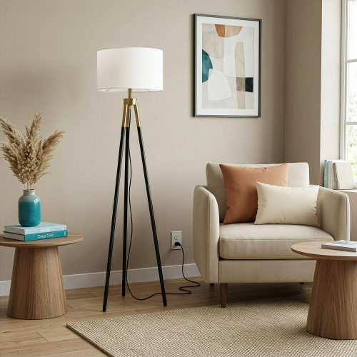 Sway Brassed Gold Floor Lamp with On/Off Switch Triple Legs White Fabric Shade