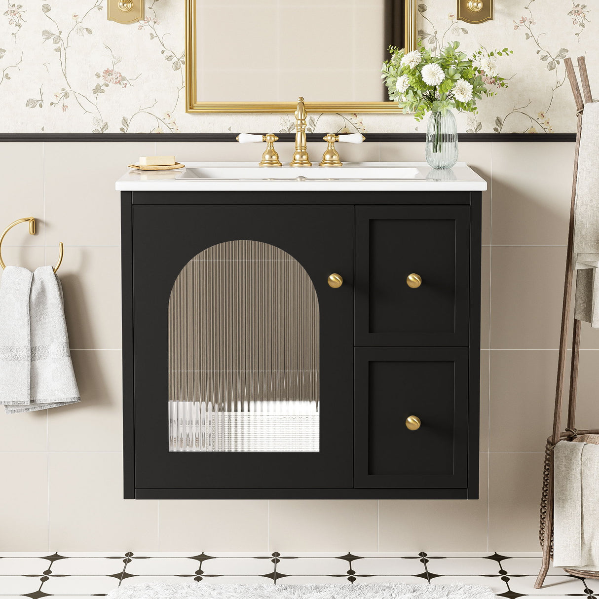 Wall-Mounted Bathroom Vanity Set With Sink, 2 Drawers And Soft-Close Door