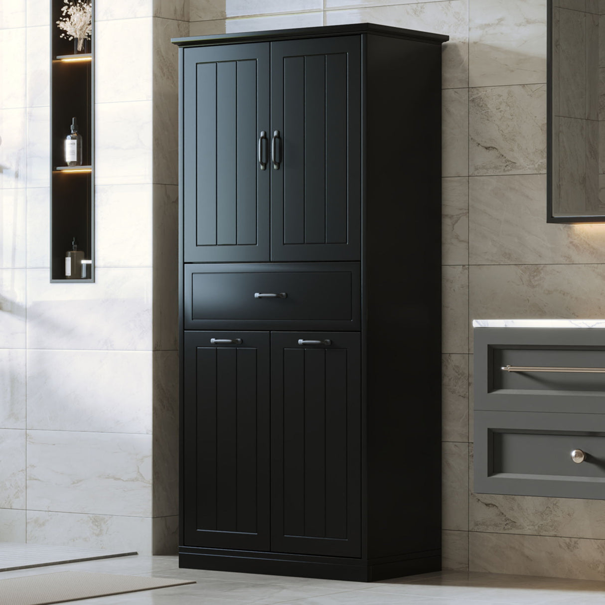 Modern Bathroom Storage Cabinet With Two Laundry Baskets, One Drawer, Adjustable Shelf