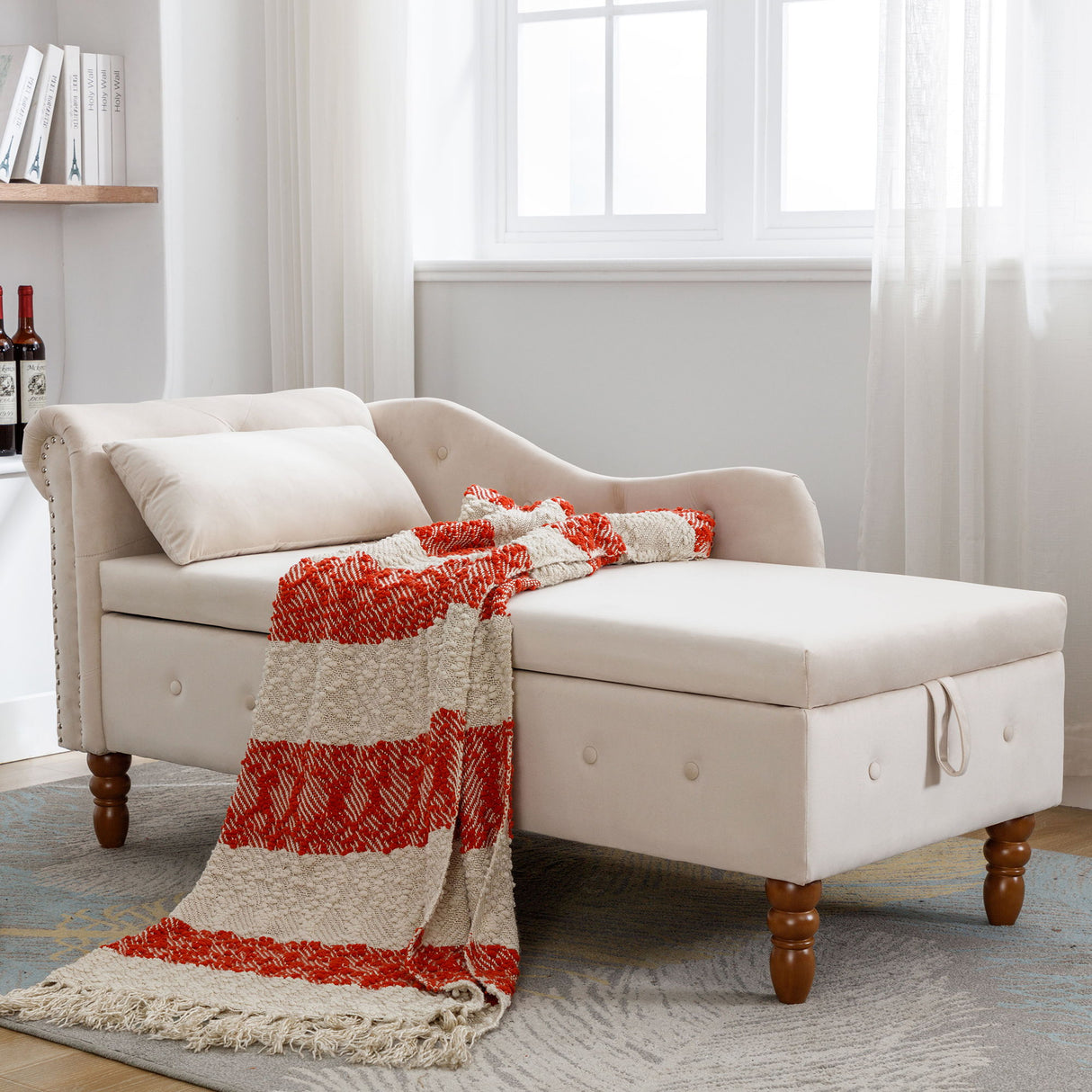 Chaise Lounge Indoor, Lounge Chair For Bedroom With Storage & Pillow, Modern Upholstered Rolled Arm Chase Lounge For Sleeping With Nailhead Trim For Living Room Bedroom Office