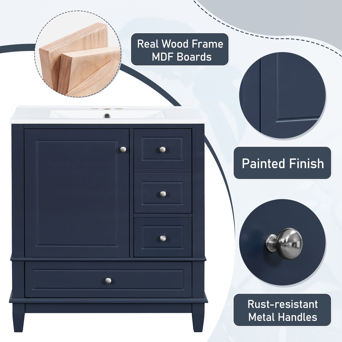 Freestanding Bathroom Vanity With Sink, Soft Close Door, 3 Drawers