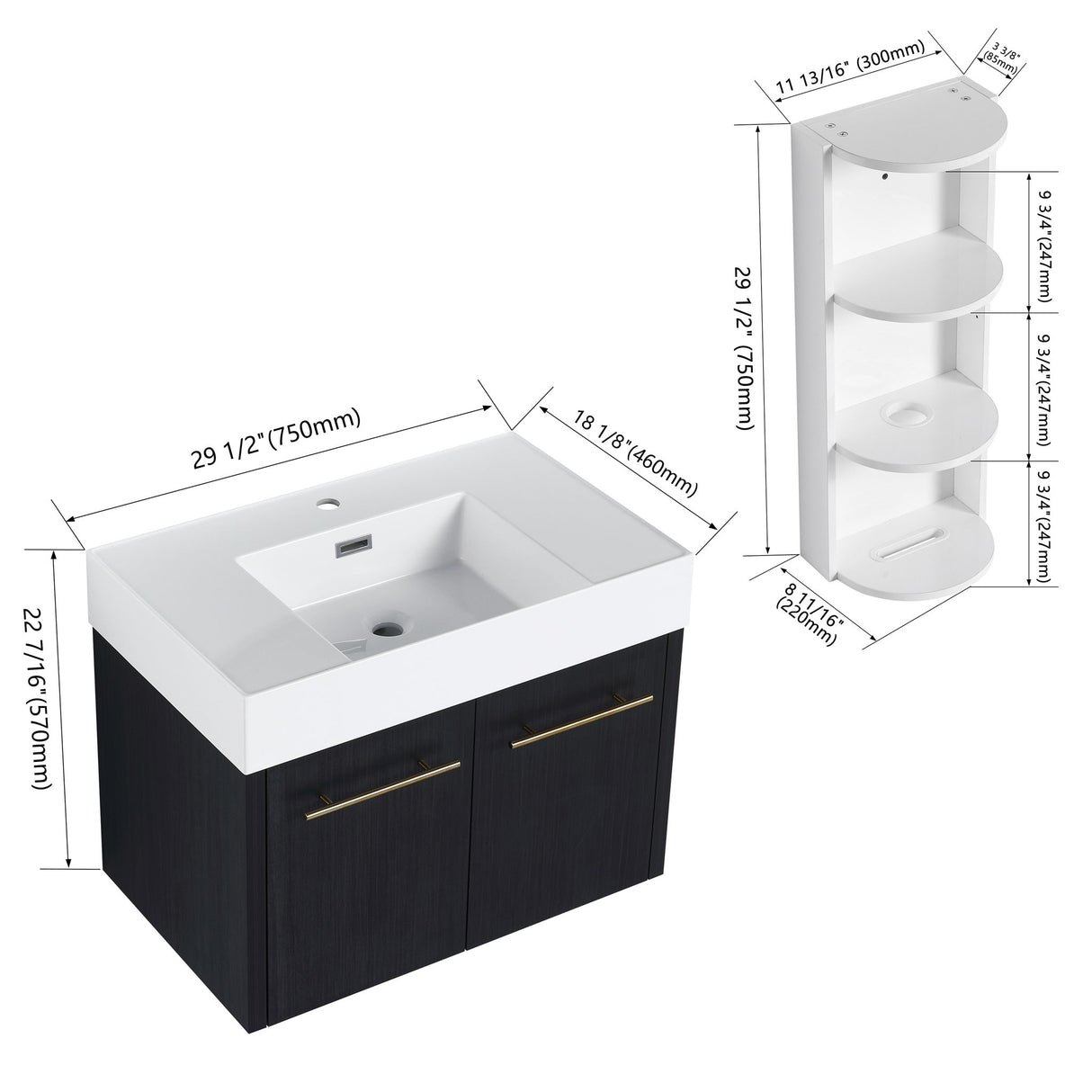 Modern Wall Mounted Bathroom Vanity With Left Sink And Storage Rack