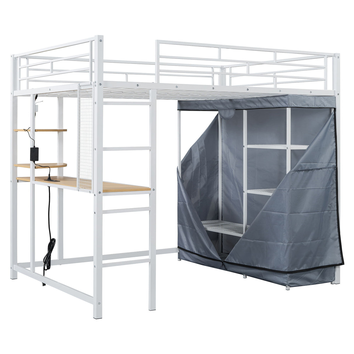 Loft Bed With Desk, Shelves, Power Outlet, LED Light And Wardrobe