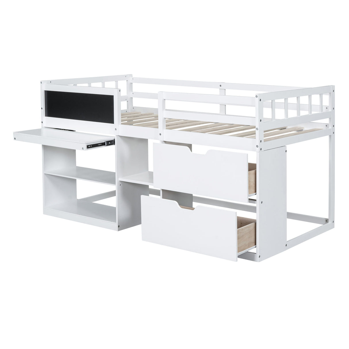 Low Loft Bed With Rolling Desk, Shelf And Drawers