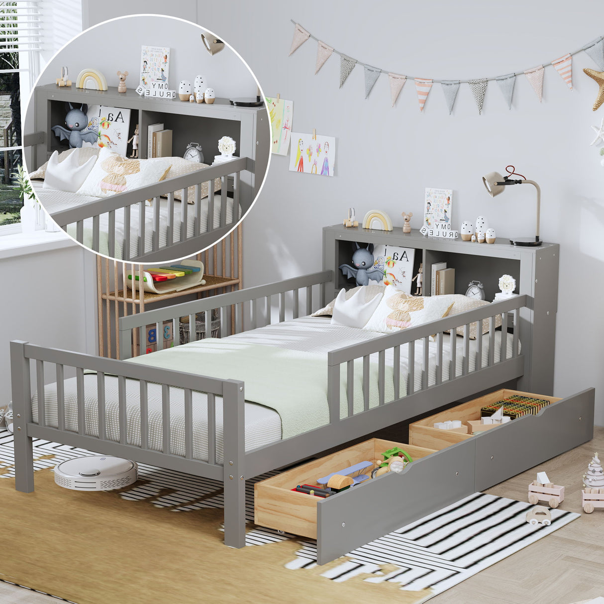 Bed With Headboard Storage Rack, 2 Under Bed Drawers, 3 Side Guardrails For Safety