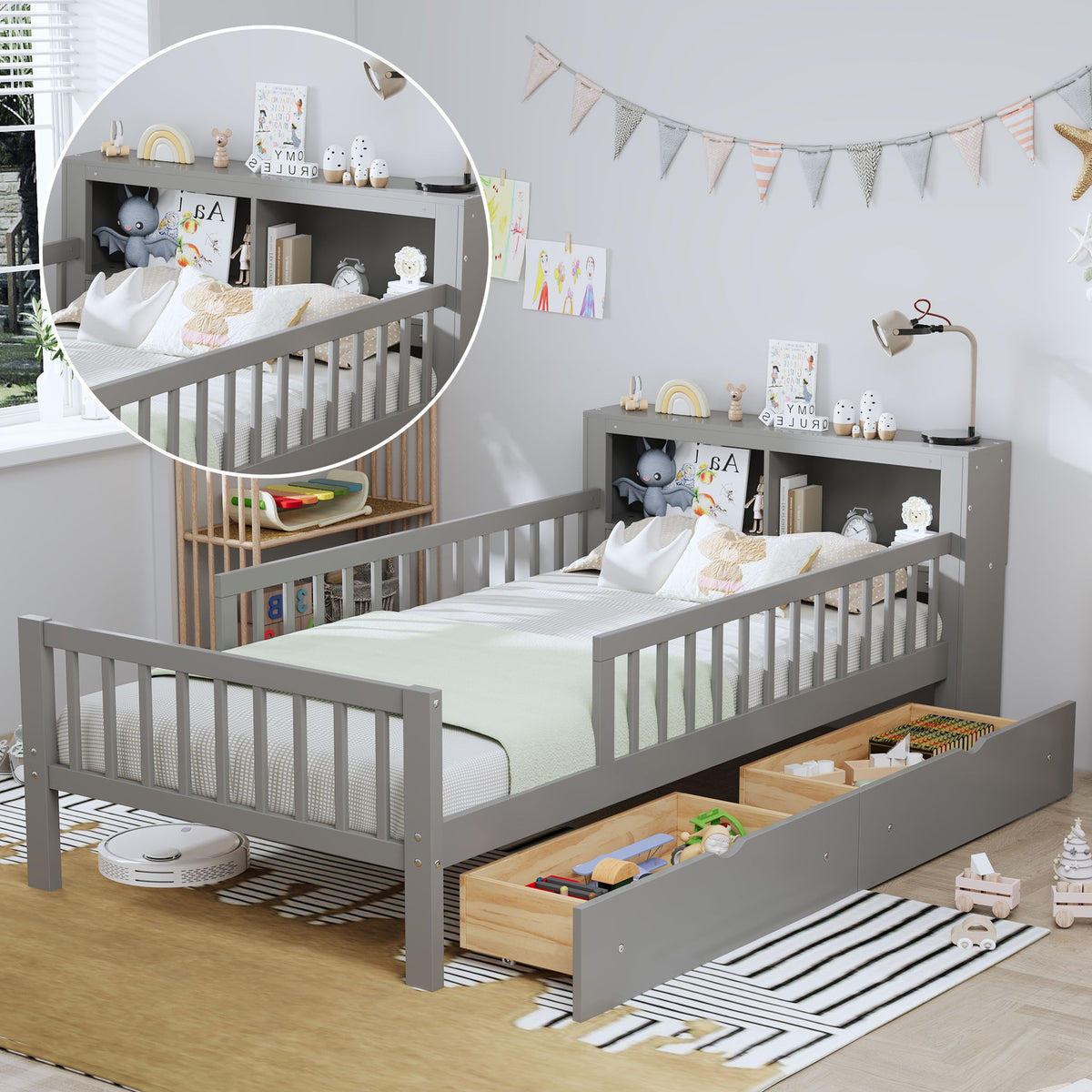 Bed With Headboard Storage Rack, 2 Under Bed Drawers, 3 Side Guardrails For Safety