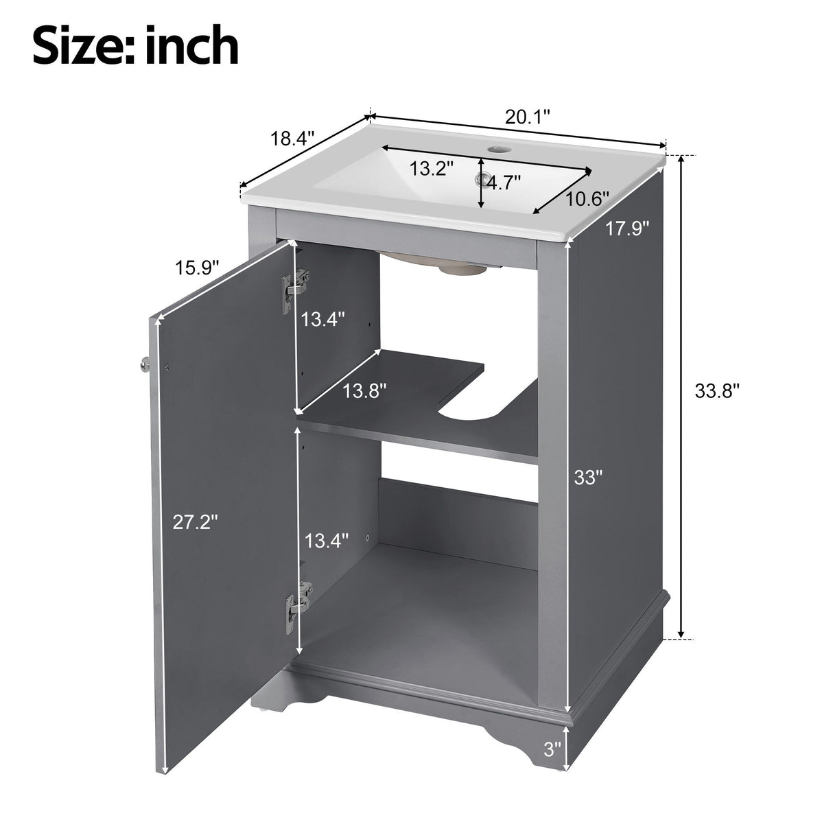 Bathroom Vanity With Sink, Freestanding Single Cabinet Set, Soft Close Door, Adjustable Shelf