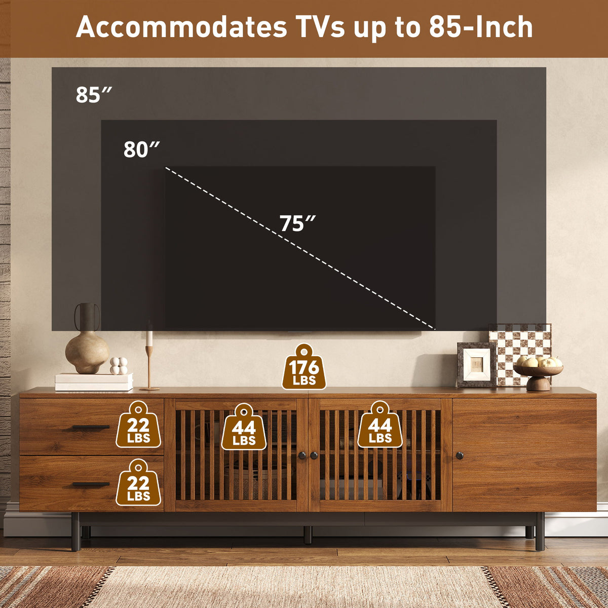 TV Stand, Media Console With 2 Drawers, Soft Closing Hinges, Adjustable Shelves - Walnut
