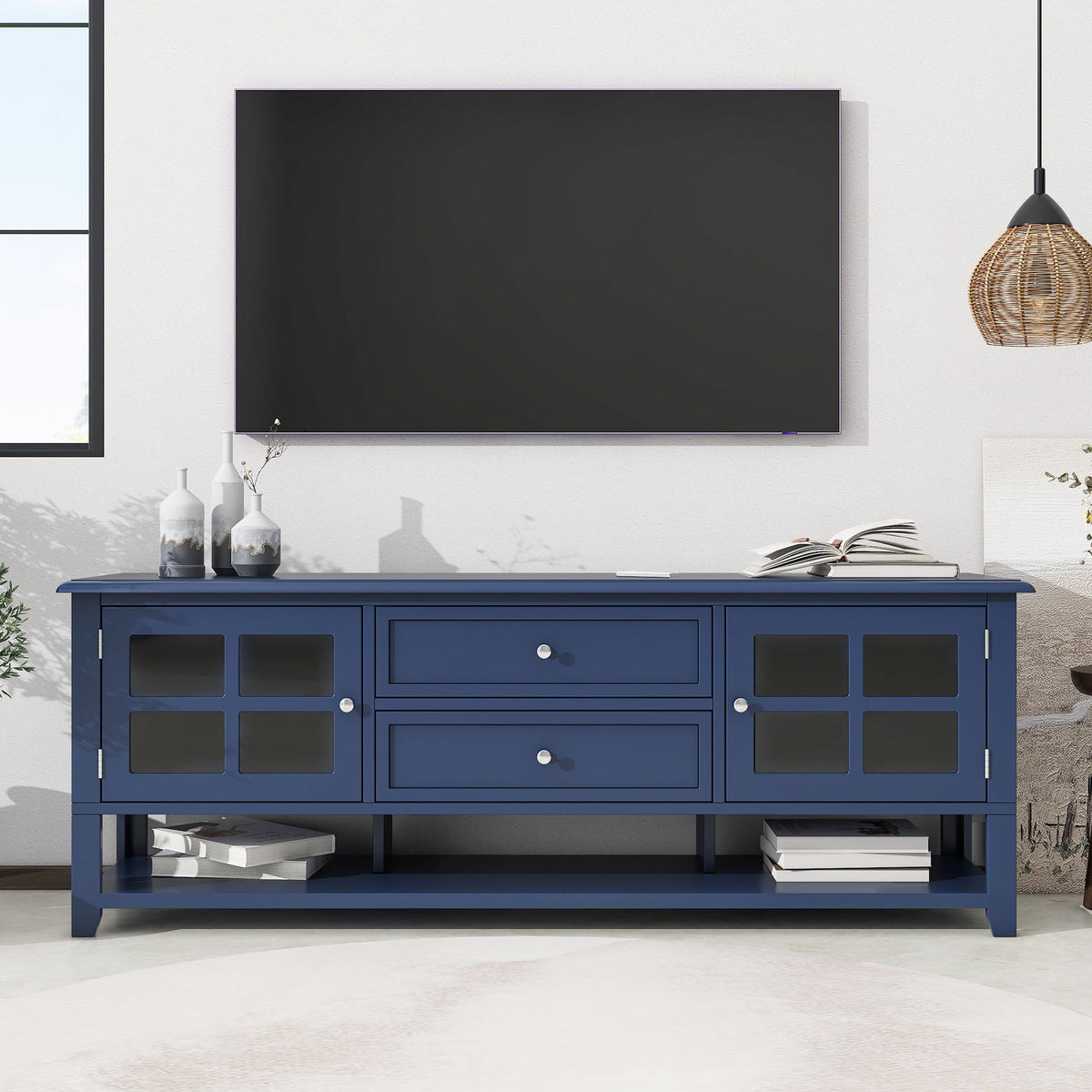 TV Stand For TVs Up To 60", Entertainment Center With Dual Drawers And Hidden Storage, Cabinet With Soft Closing Doors - Blue