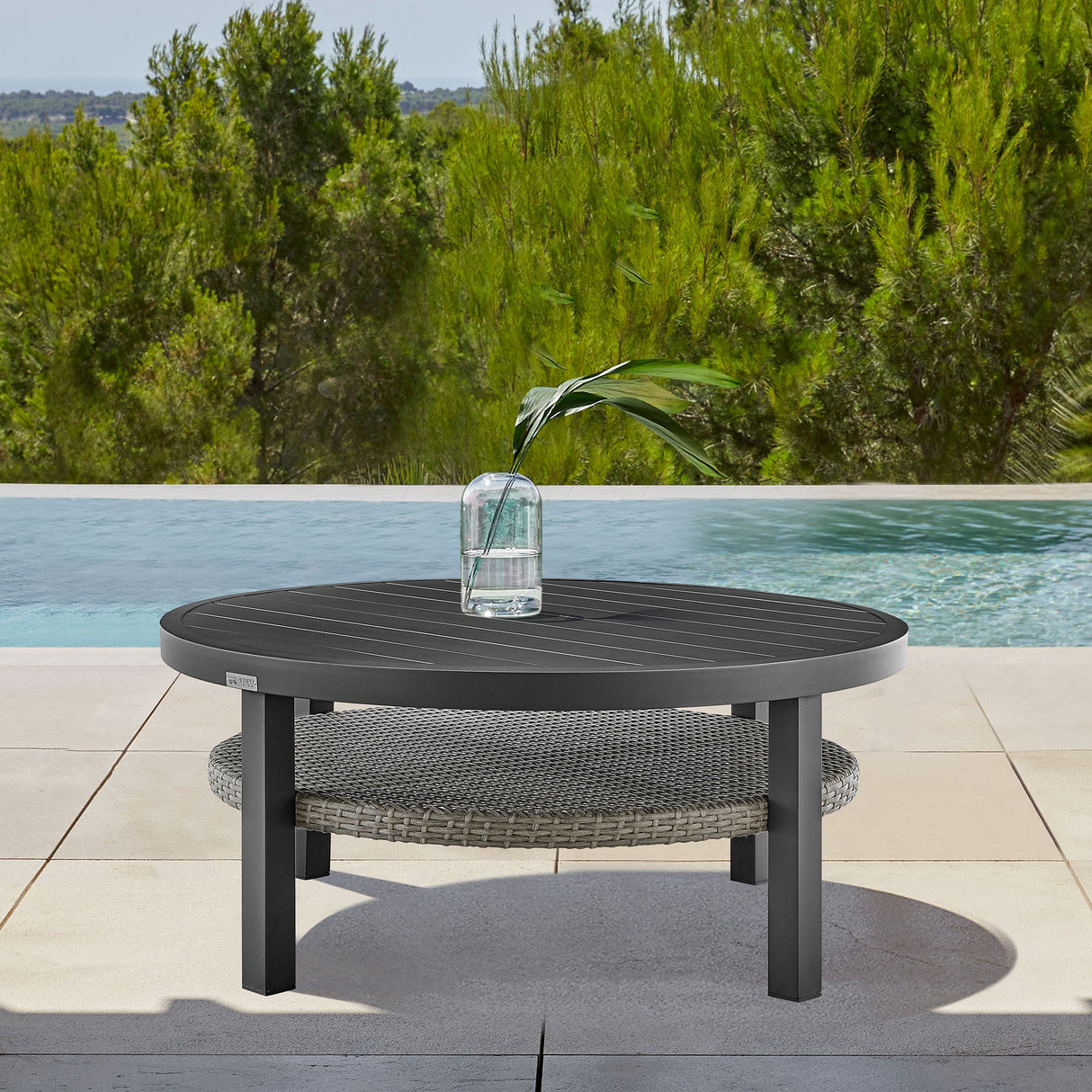 Aileen - Outdoor Patio Round Coffee Table - Black Aluminum With Gray Wicker Shelf