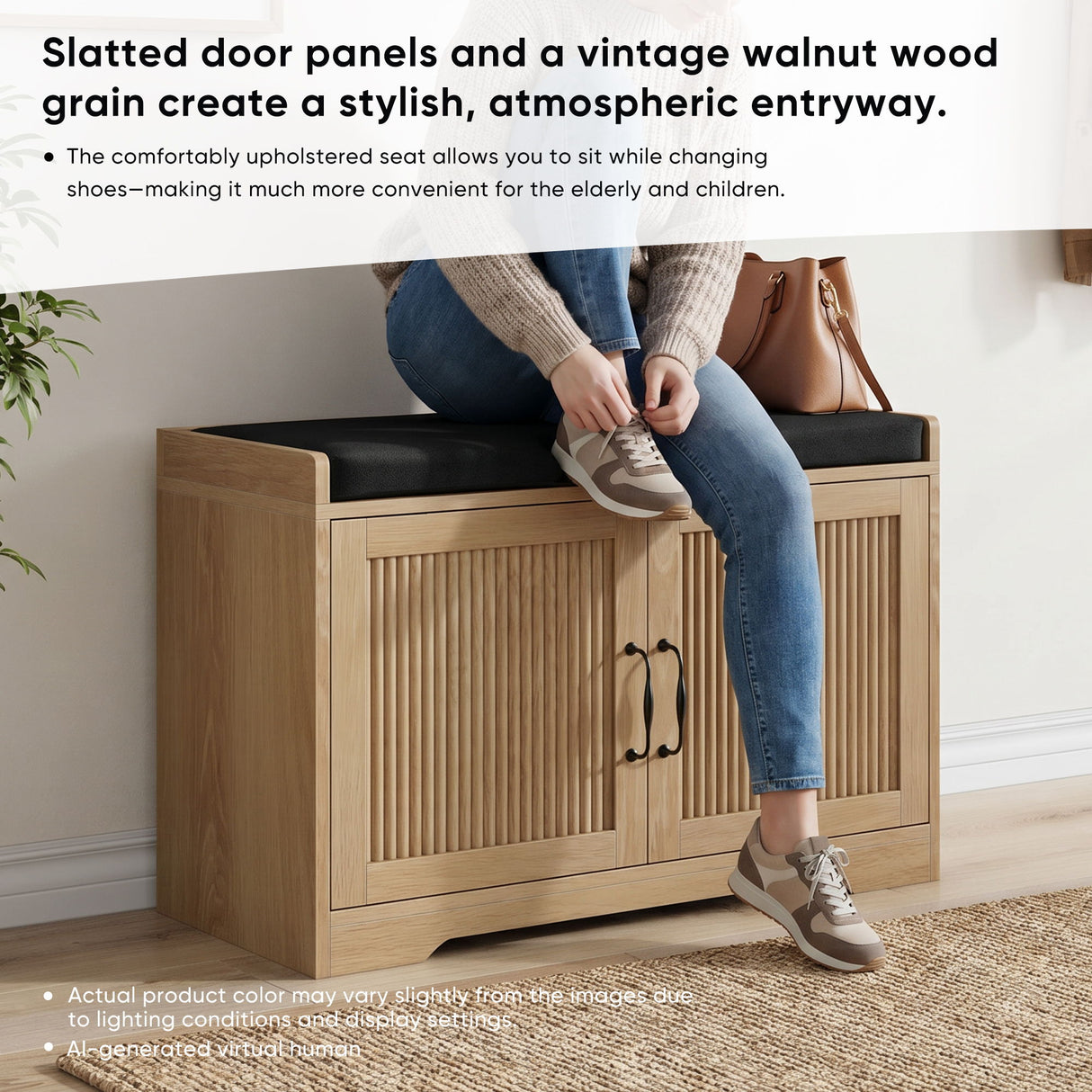 Entryway Shoe Bench With Double Doors, Upholstered Seat - Oak